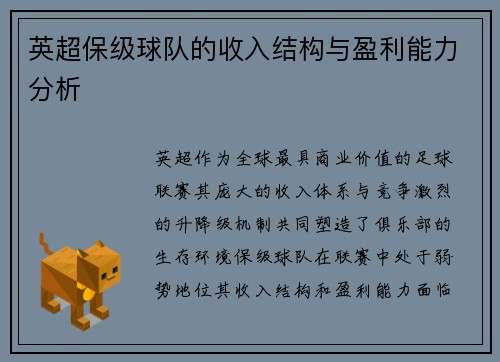 英超保级球队的收入结构与盈利能力分析