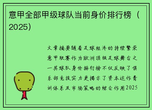 意甲全部甲级球队当前身价排行榜（2025）